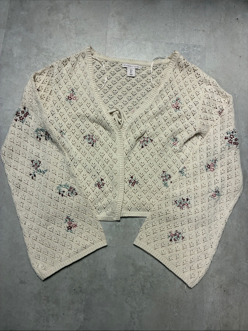 Cream Floral Eyelet Knit Cardigan Sweater - Unknown Brand